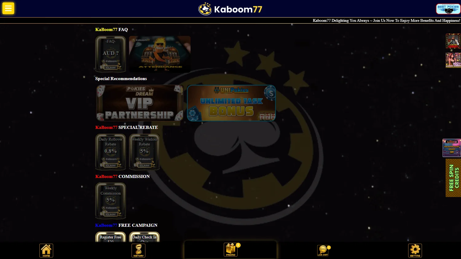 Kaboom Casino desktop promotions with welcome bonuses and free spins