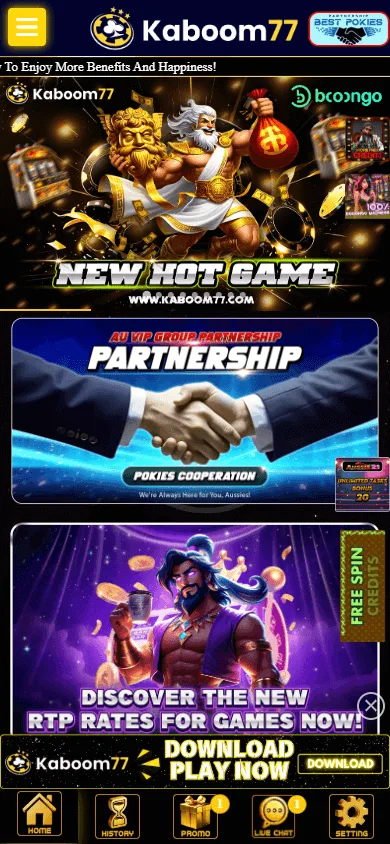 Kaboom Casino mobile home screen with casino games and AUD play