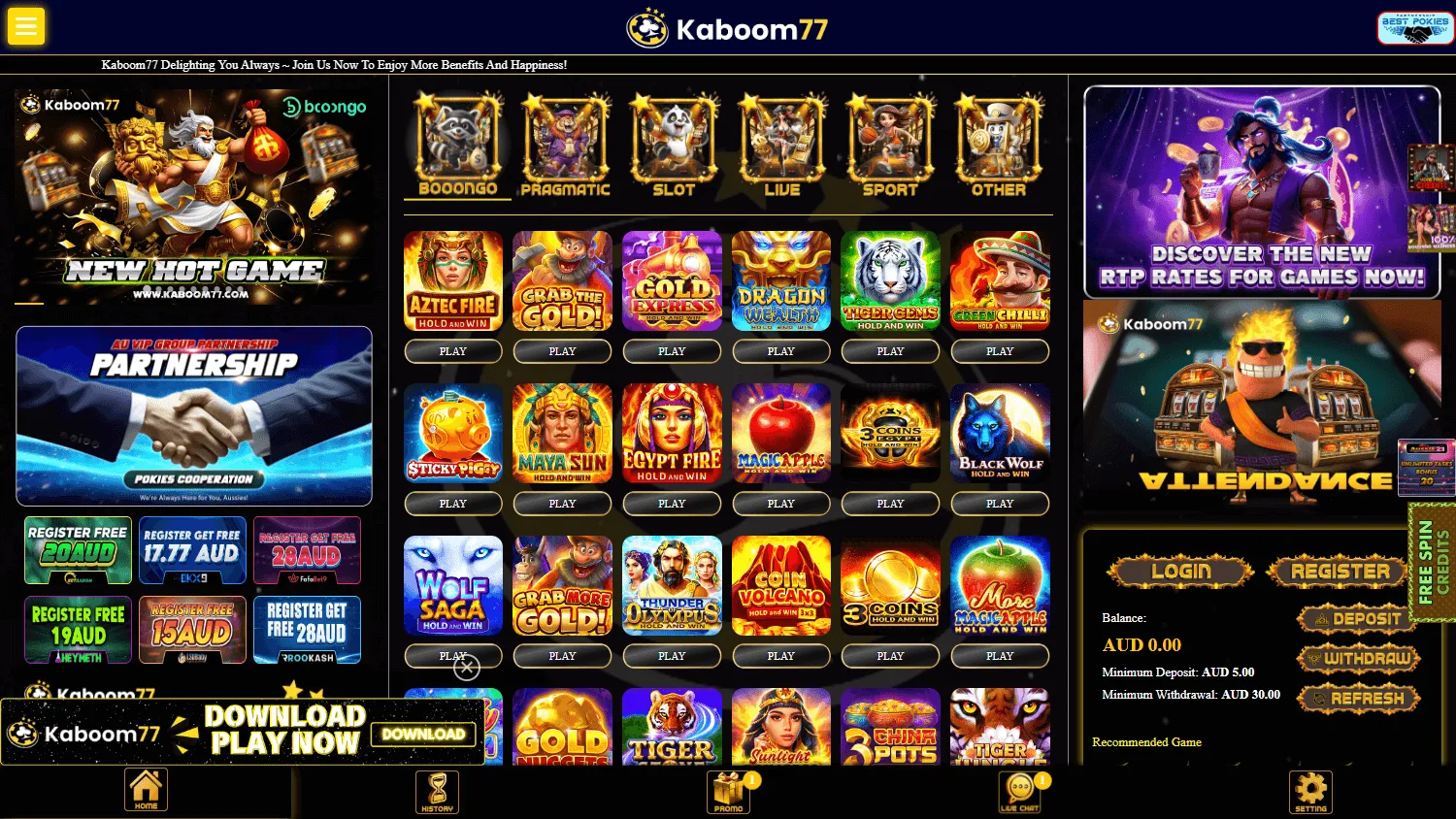 Kaboom Casino desktop home screen with AUD casino options
